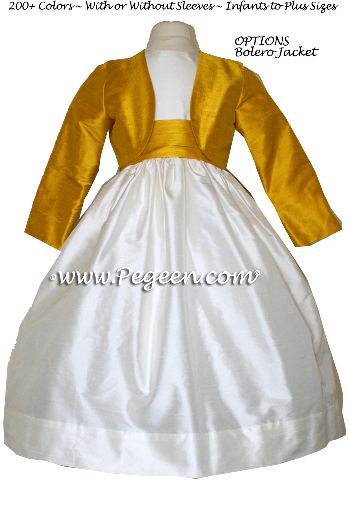 Mustard or Goldenrod Yellow and Ivory silk flower girl dresses by Pegeen.com