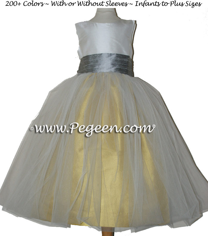 Junior Bridesmaid Dress Mustard Yellow and Silver Gray Silk Sash and ...