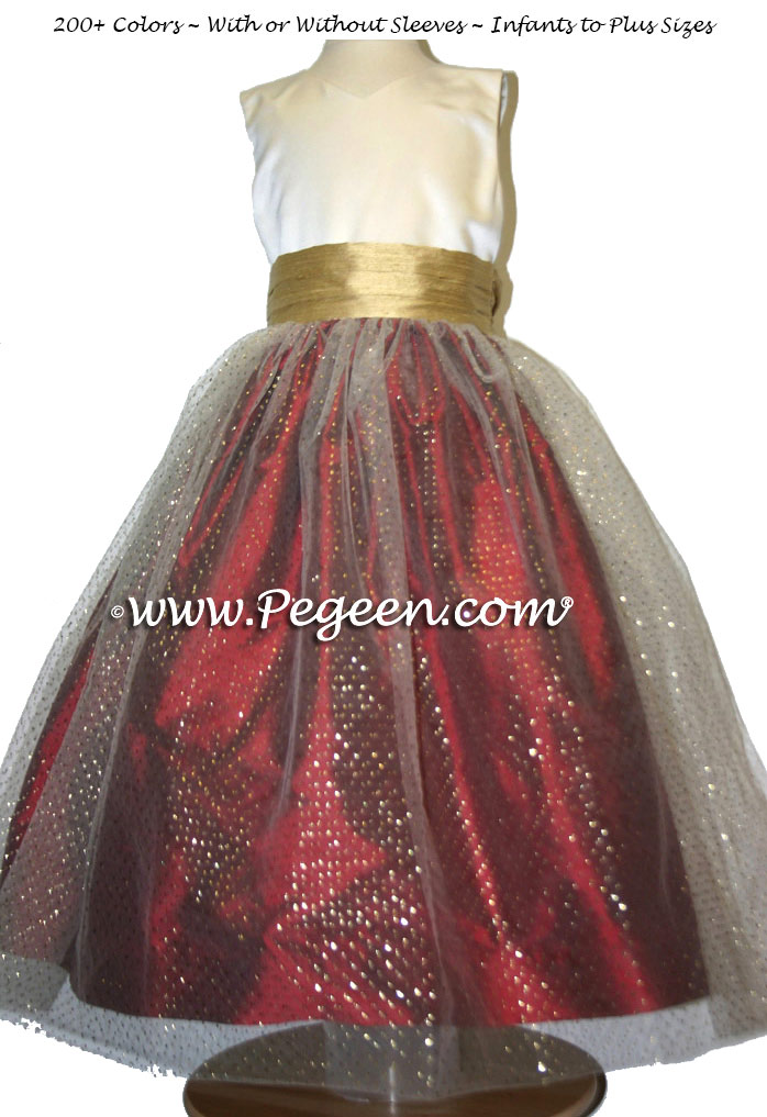 CLARET RED (copper) and SPUN GOLD Brown tulle junior bridesmaids dress