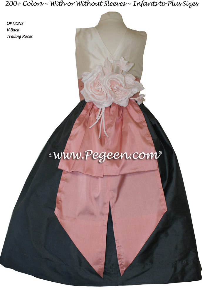 Pewter Gray, Bisque and Woodrose Pink silk flower girl dresses with back roses on bustle