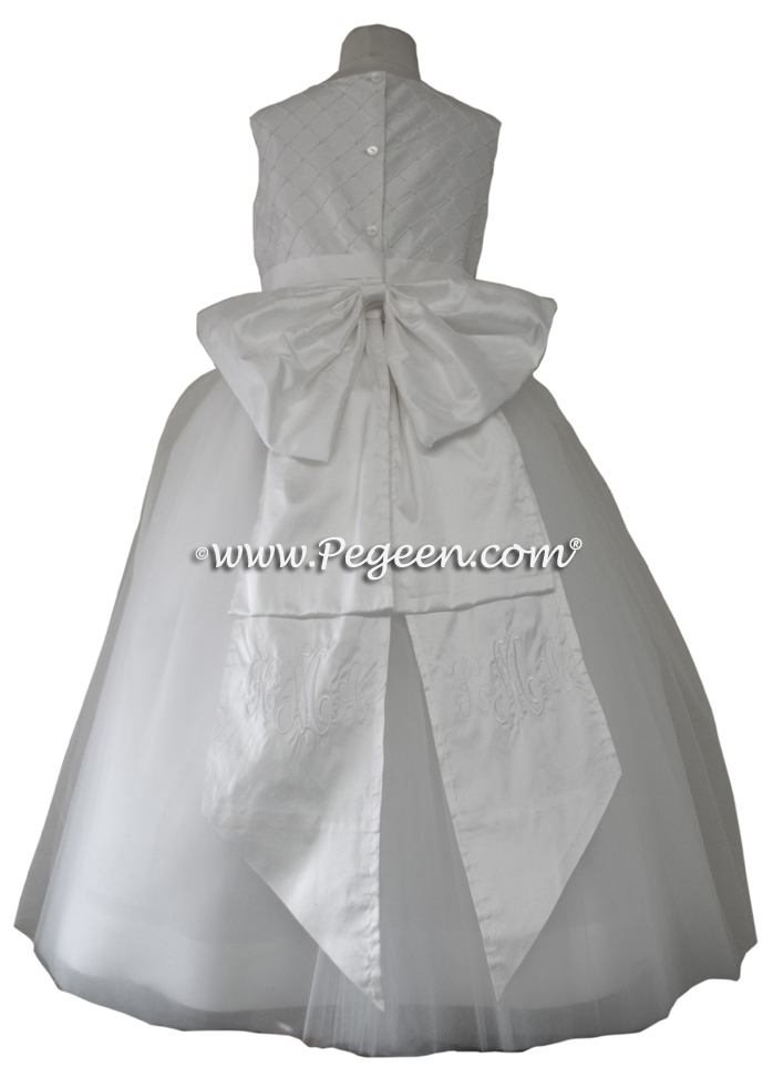 White Silk and Pearls Monogrammed First Communion Dress Style 409 by Pegeen.com