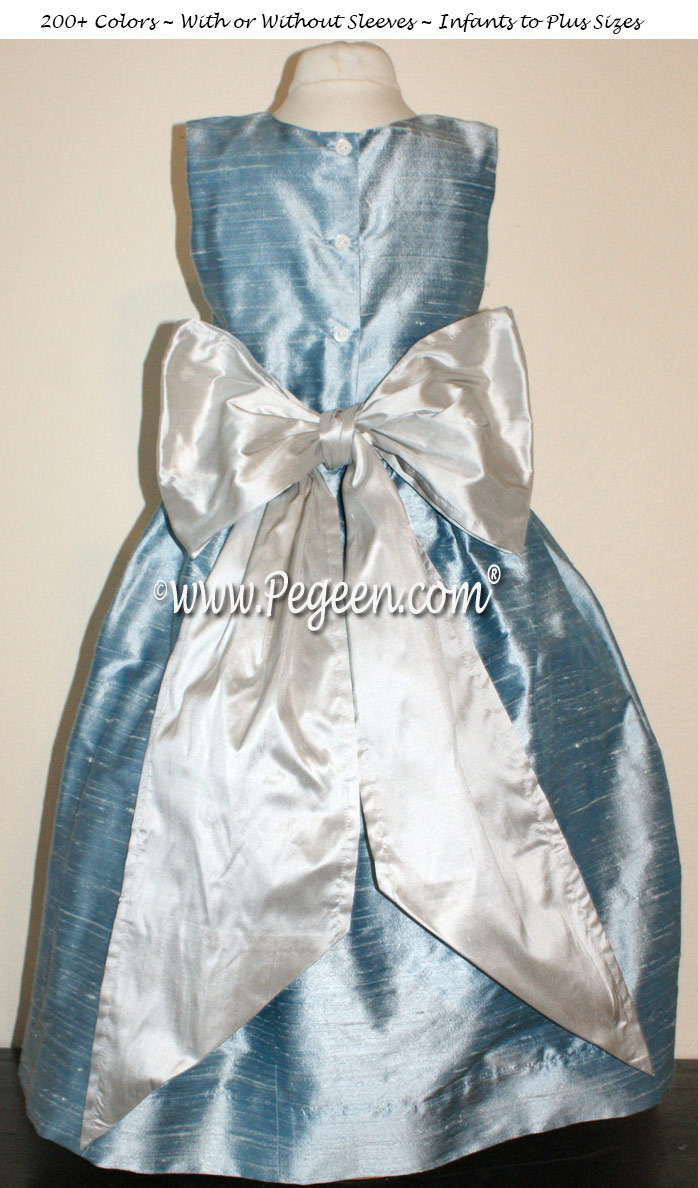Jim Hjelm Matching Flower Girl Dress by Pegeen in Caribbean Blue and Platinum silk