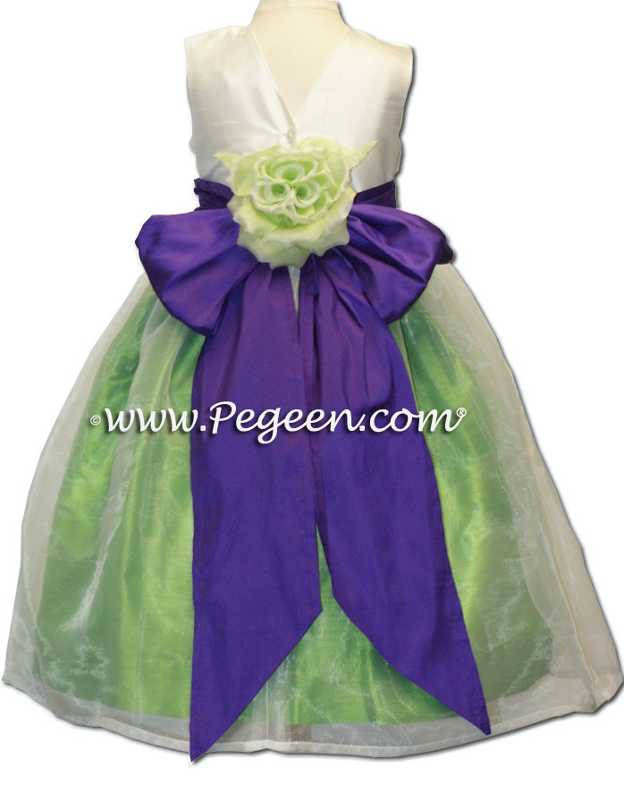 Key Lime and Purple Heart and white organza Infant FLOWER GIRL DRESSES