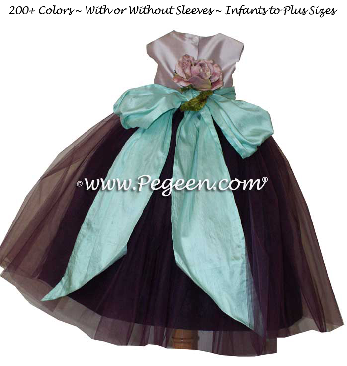 Eggplant, lavender and aqualine silk tulle toddler flower girl dress by Pegeen.com