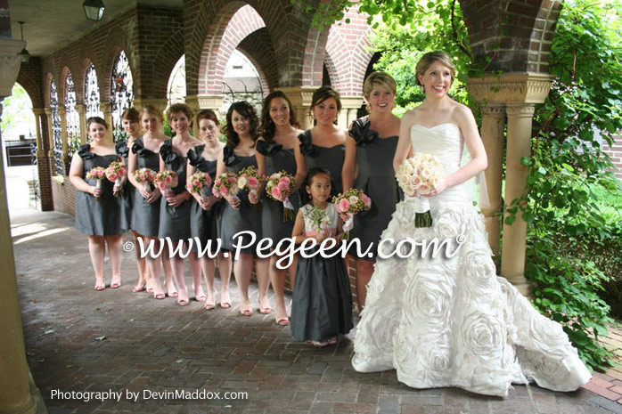Pewter Gray and Woodrose Pink Silk flower girl dresses by Pegeen.com
