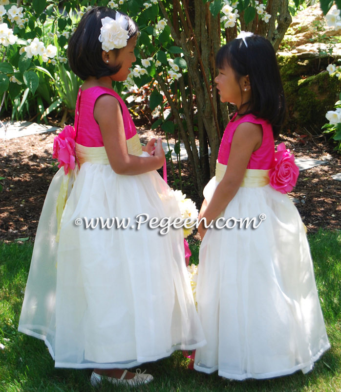 Hot pink and yellow organza CUSTOM FLOWER GIRL DRESSES With back Flowers