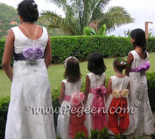 Jr bridesmaids style 320 and Flower girl dress style 383 in multiple shades by Pegeen.com