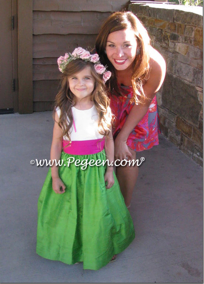 Emerald green and hot pink silk flower girl dress by Pegeen.com