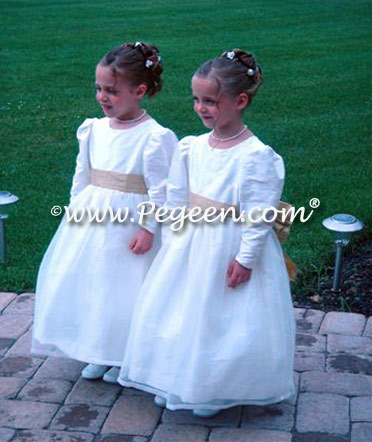 Flower girl dress with long sleeves in spun gold and new ivory silk and organza