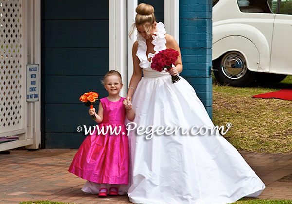 Custom Flower Girl Dresses Style 318 in Hot Pink Shock with matching Jr. Bridesmaid Style 320