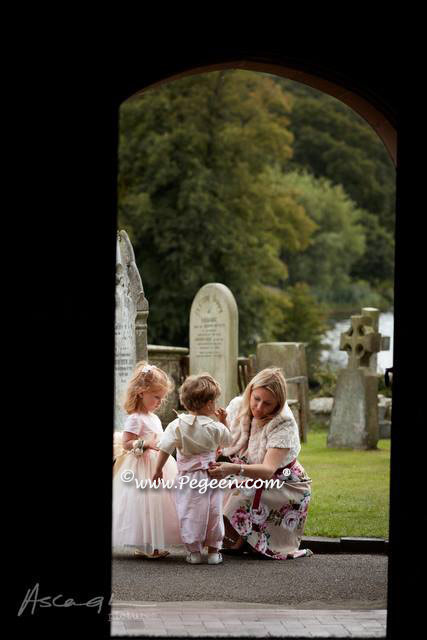 December 2014 Wedding of the Month with Style 356 flower girl dress and matching Ring Bearer Style 509 in Bisque and Peony Pink silk