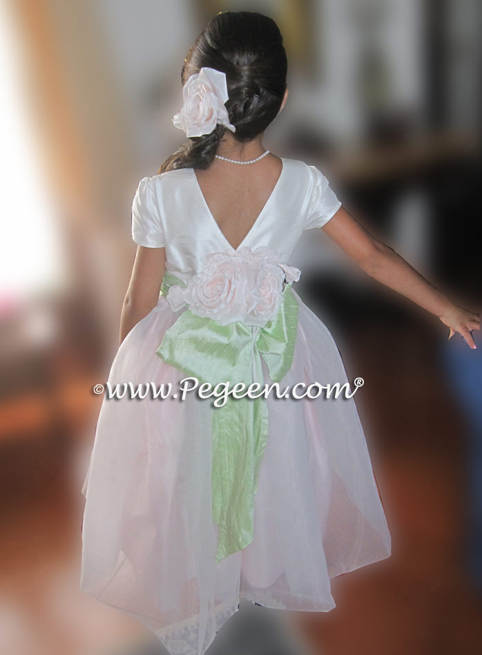 Flower Girl Dresses in Cotton Candy Pink, Antique White and Spring Green style 802