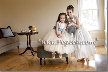 Custom Couture Flower girl dresses style 402 in New Ivory with Delft Blue sash and tulle with matching Jr. Bridesmaids dress in Pegeen Classic Style 383