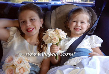Flower girl dresses in New Ivory with Arial Blue sash to match Ann Taylor Bridesmaids Pegeen Classic Style 398