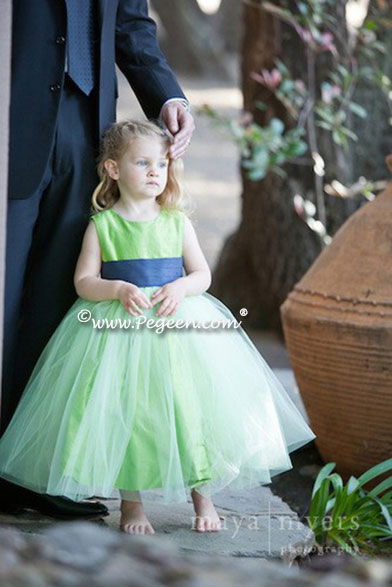 Flower girl dresses in Apple Green and Navy silk with matching tulle - Pegeen Classic Style 356
