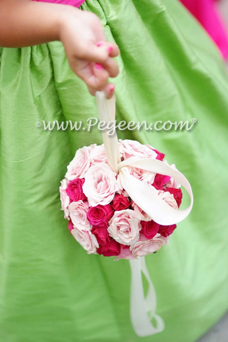 From Pegeen Classics - Girls Flower Girl Dresses in Apple Green and Shock Pink