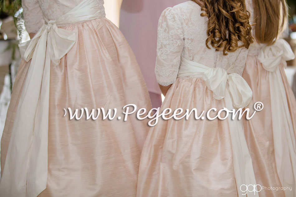 Flower Girl Dress in Baby Pink Silk with Aloncon Lace - Style 396