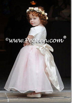 Toffee and pink silk designer flower girl dresses by Pegeen.com Style 359