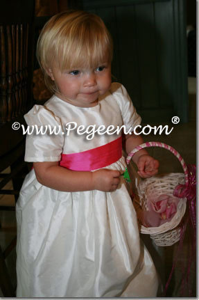 Shock hot pink and antique white silk flower girl dress