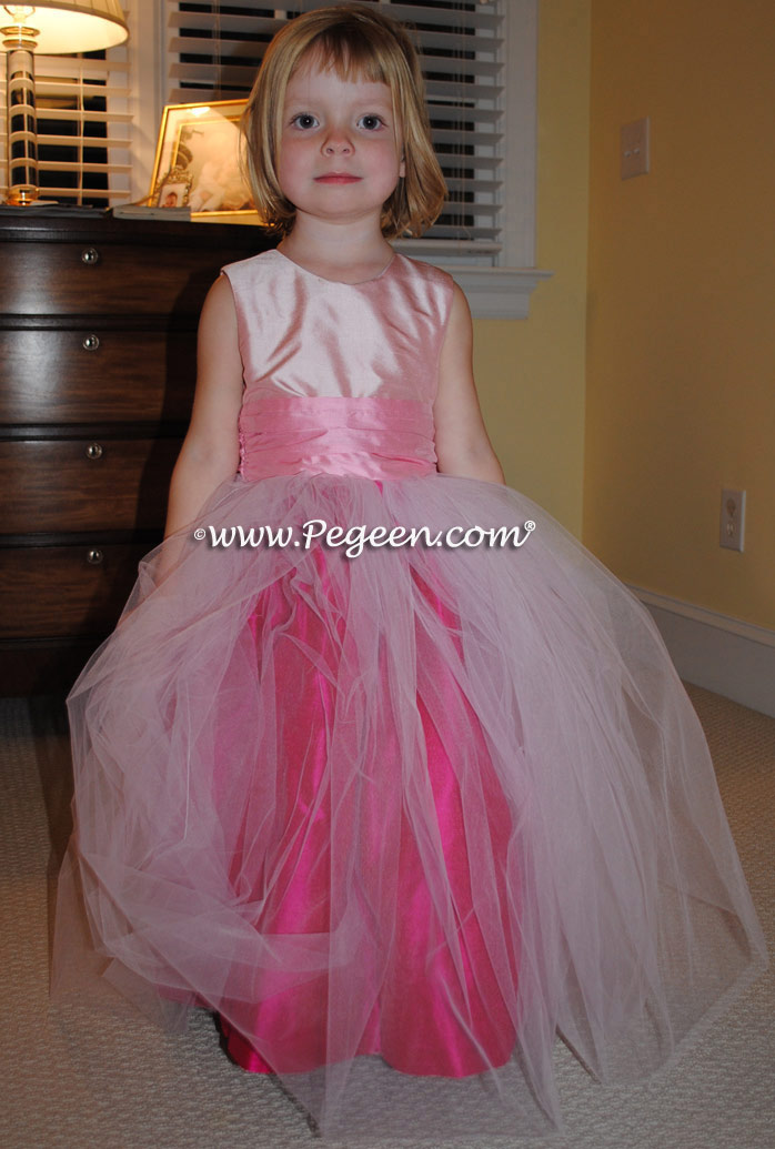 Raspberry, bubblegum pink and lotus pink silk and tulle flower girl dress