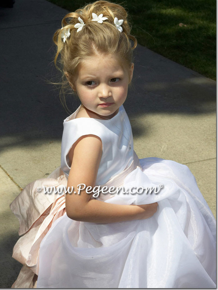 White organza and blush pink silk flower girl dresses style