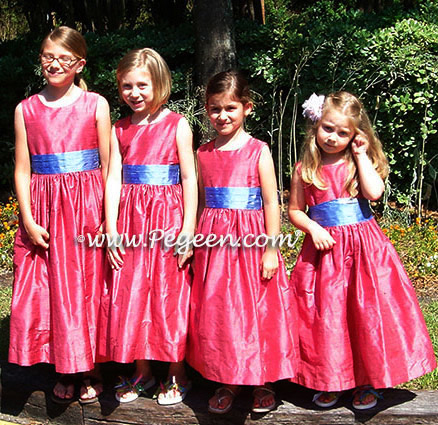 Gumdrop pink flower girl dresses with hydrangea blue sashes = Pegeen Classic Style 398
