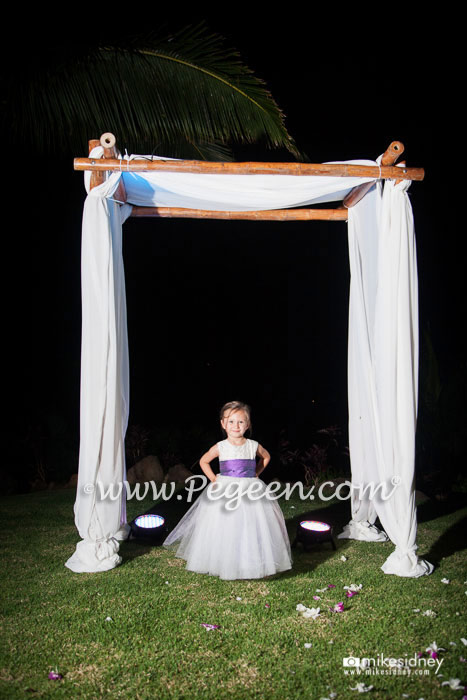 Antique White with Pearls and Amethyst Silk flower girl dresses
