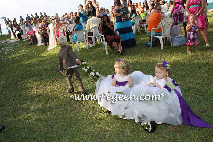 Pegeen Infant Flower Girl Dresses above in key lime and purple heart with flowers in back Style 802