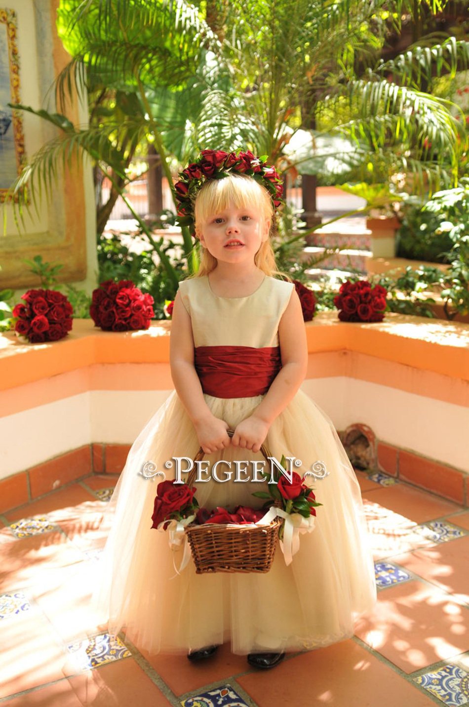 Creme and Red silk and tulle custom couture flower girl dress