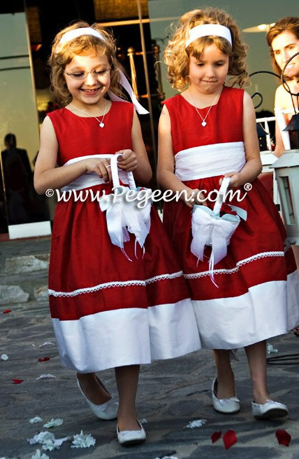 Flower Girl Dress in Christmas Red and Antique White Silk with pearl trim on skirt