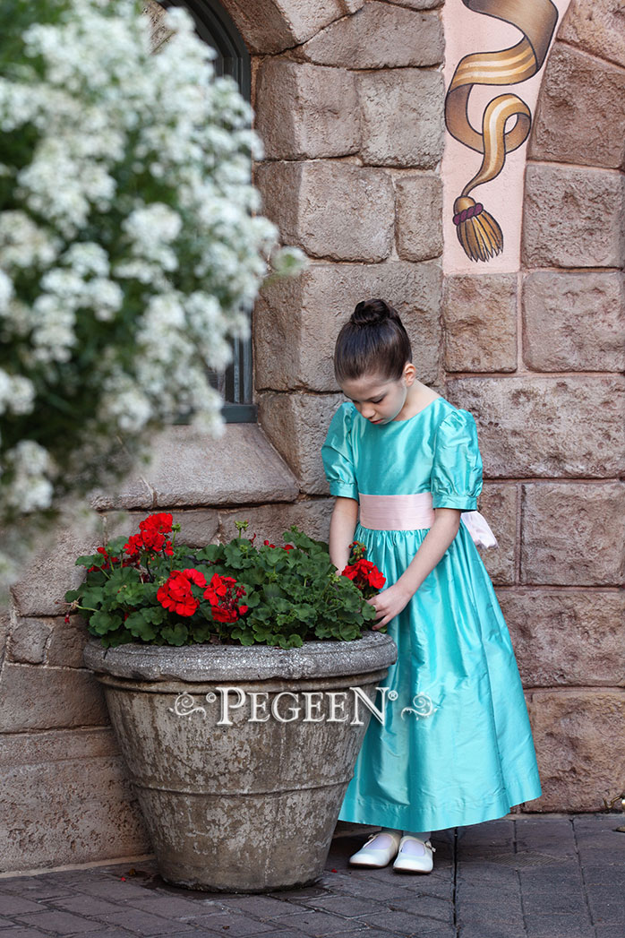 Dress above in tiffany blue with petal pink sash and puff sleeves 345 by Pegeen