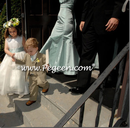 Flower girl dress in bisque and soft aqua silk called Bay