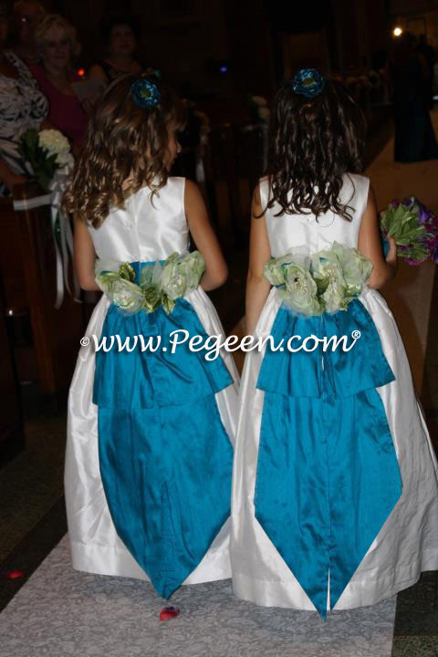 Peacock Blue and Antique White silk flower girl dresses style 383