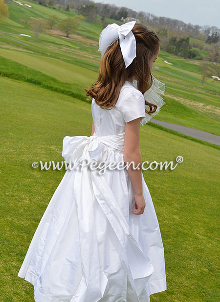 Antique White silk First Communion style dresses trimmed Peter Pan Collar