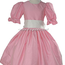 Flower Girl Dress in Bubblegum Pink and White with puff sleeves