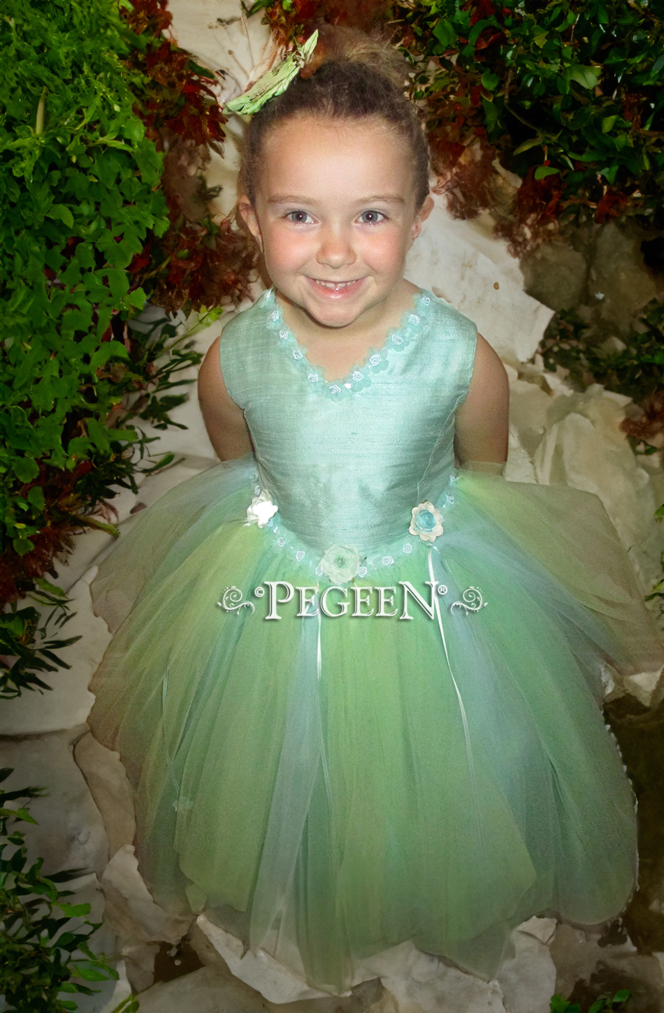 Aqualine silk and tulle flower girl dress