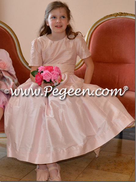 Flower girl dress in champagne pink, peony pink and blush pink silk