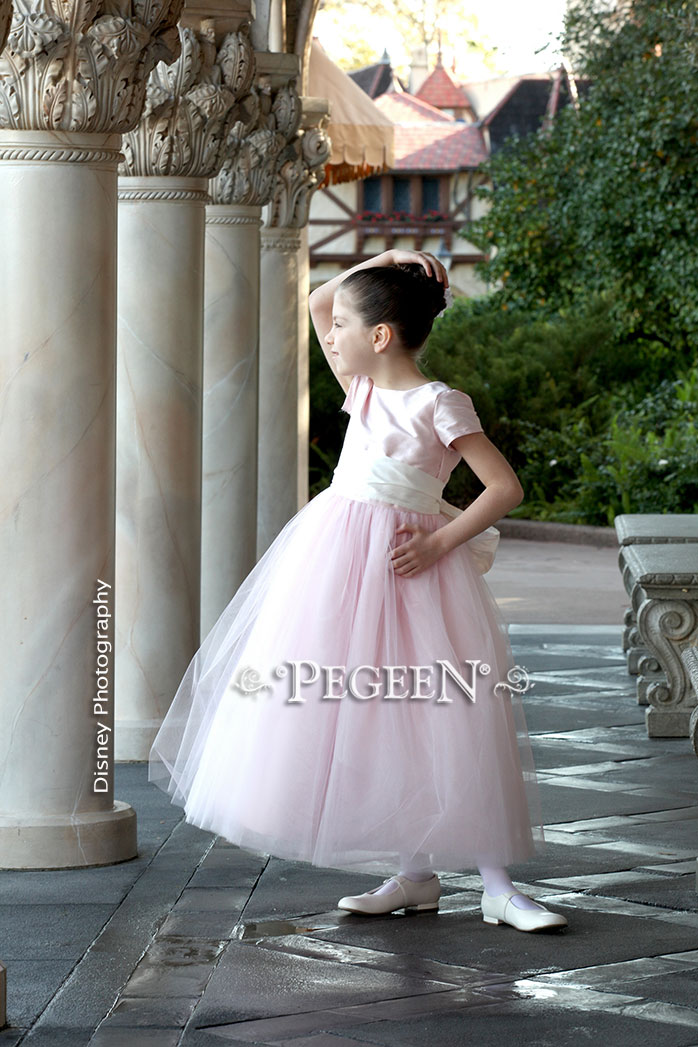 Flower Girl Dress in Petal Pink and New Ivory and layers of tulle - Pegeen Couture Style 402