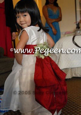 Ivory and cranberry silk flower girl dress style 383