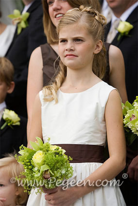 Chocolate Brown and New Ivory silk flower girl dresses