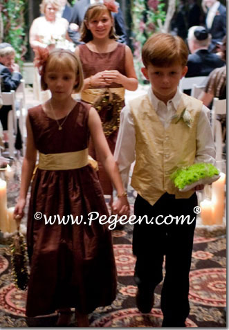 Brown and Yellow flower girl dresses and ring bearer suit