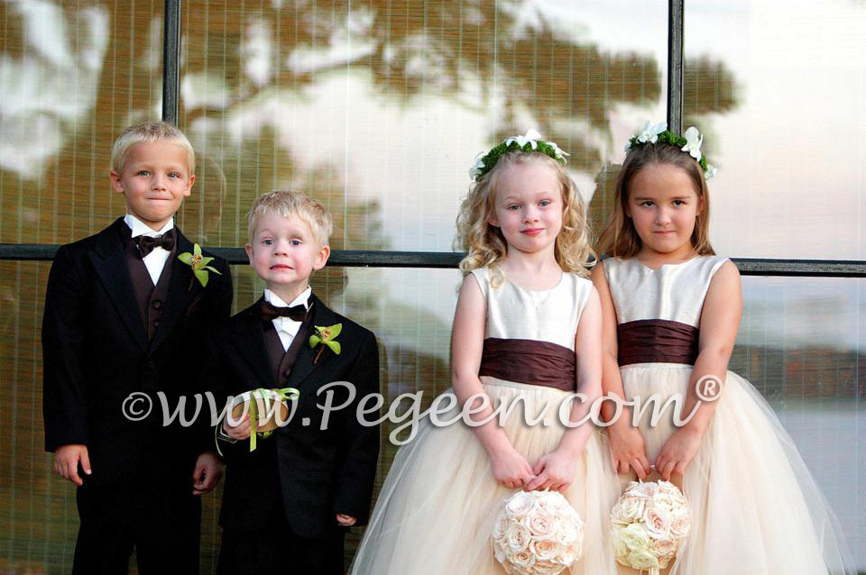 Ivory and brown silk tulle flower girl dresses