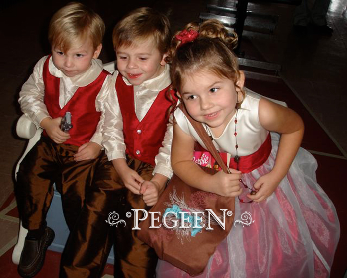 Cranberry and Chocolate matching ring bearer suits and flower girl dress