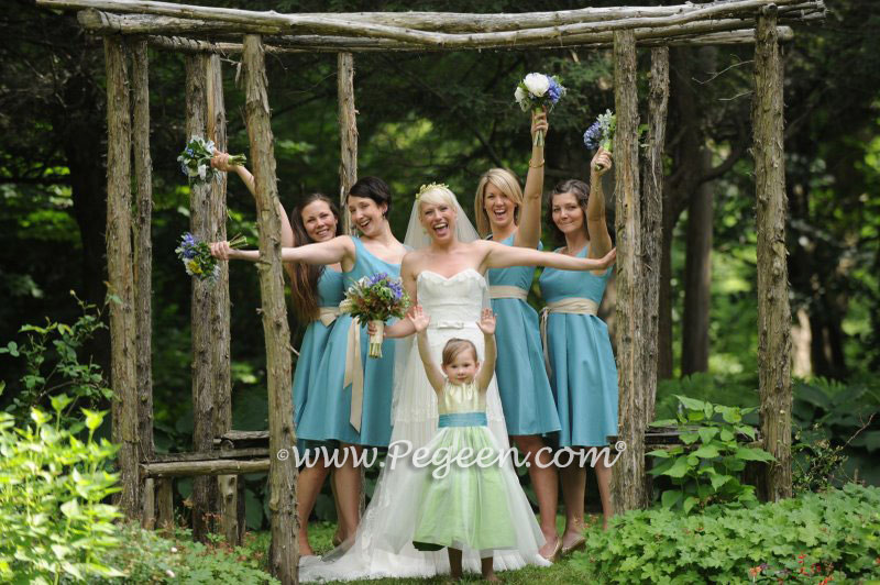 Key lime and turquoise flower girl dresses by Pegeen.com