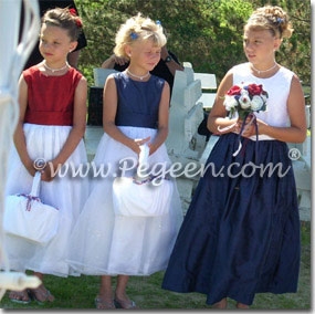 Red, white and blue wedding flower girl dresses
