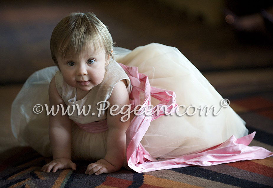 Pink Silk flower girl dress in ivory silk, bubblegum silk sash, ivory tulle