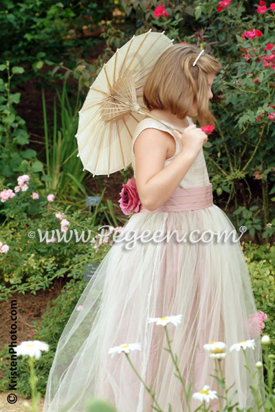 Lotus rum pink silk junior bridesmaid dress in silk and tulle
