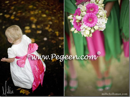 Hot pink and green flower girl dresses Style 398
