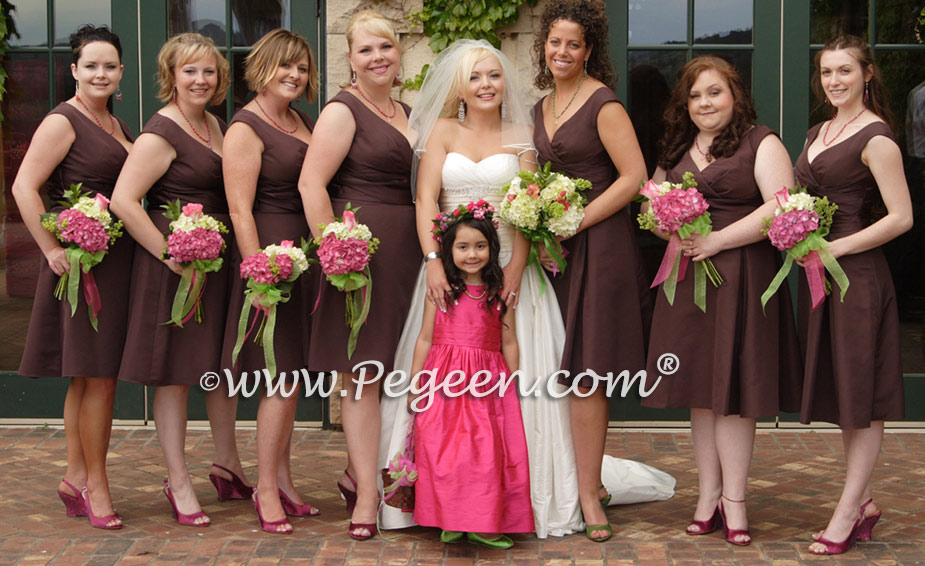 Chocolate brown and Hot Raspberry pink flower girl dresses