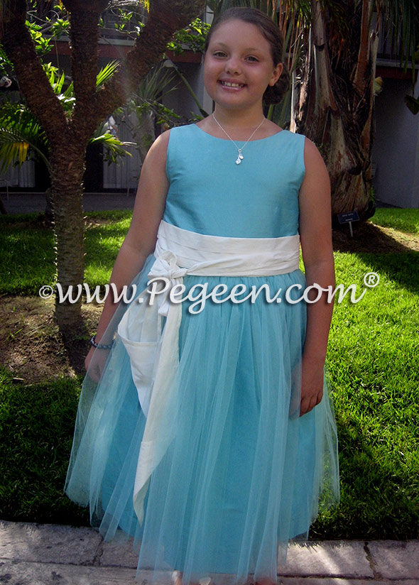 Antique white and tiffany blue tulle jr bridesmaids dress Style 356